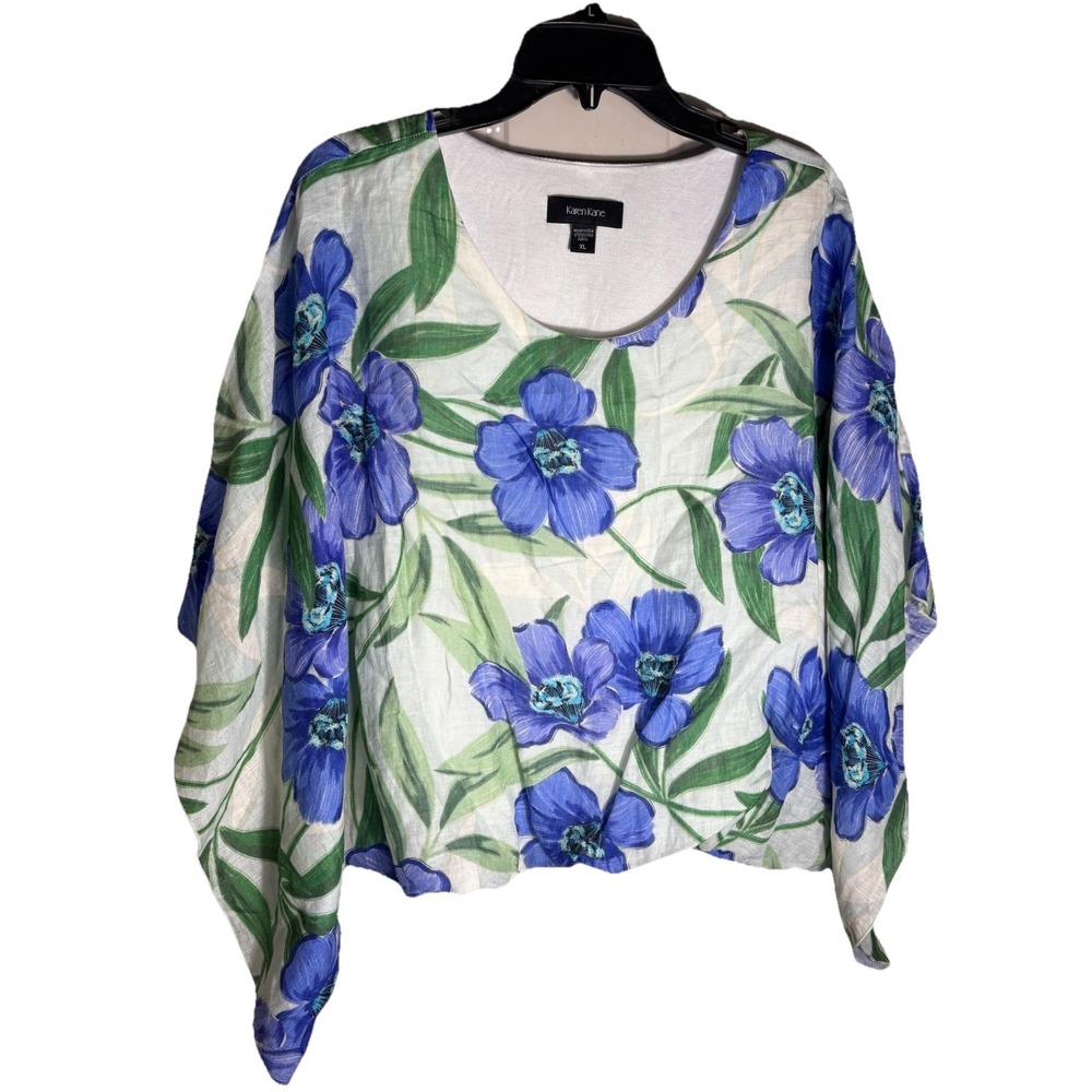Karen Kane Blouson Scarf Tunic Top Sz XL 100% Linen Iris Print Tropical Resort